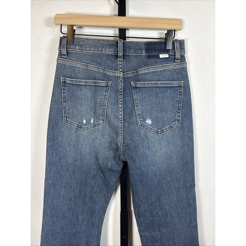 DAZE Denim High Rise Flare Jeans Womens 27 Dark Wash Hug Distressed Stretch Y2K - Picture 5 of 9